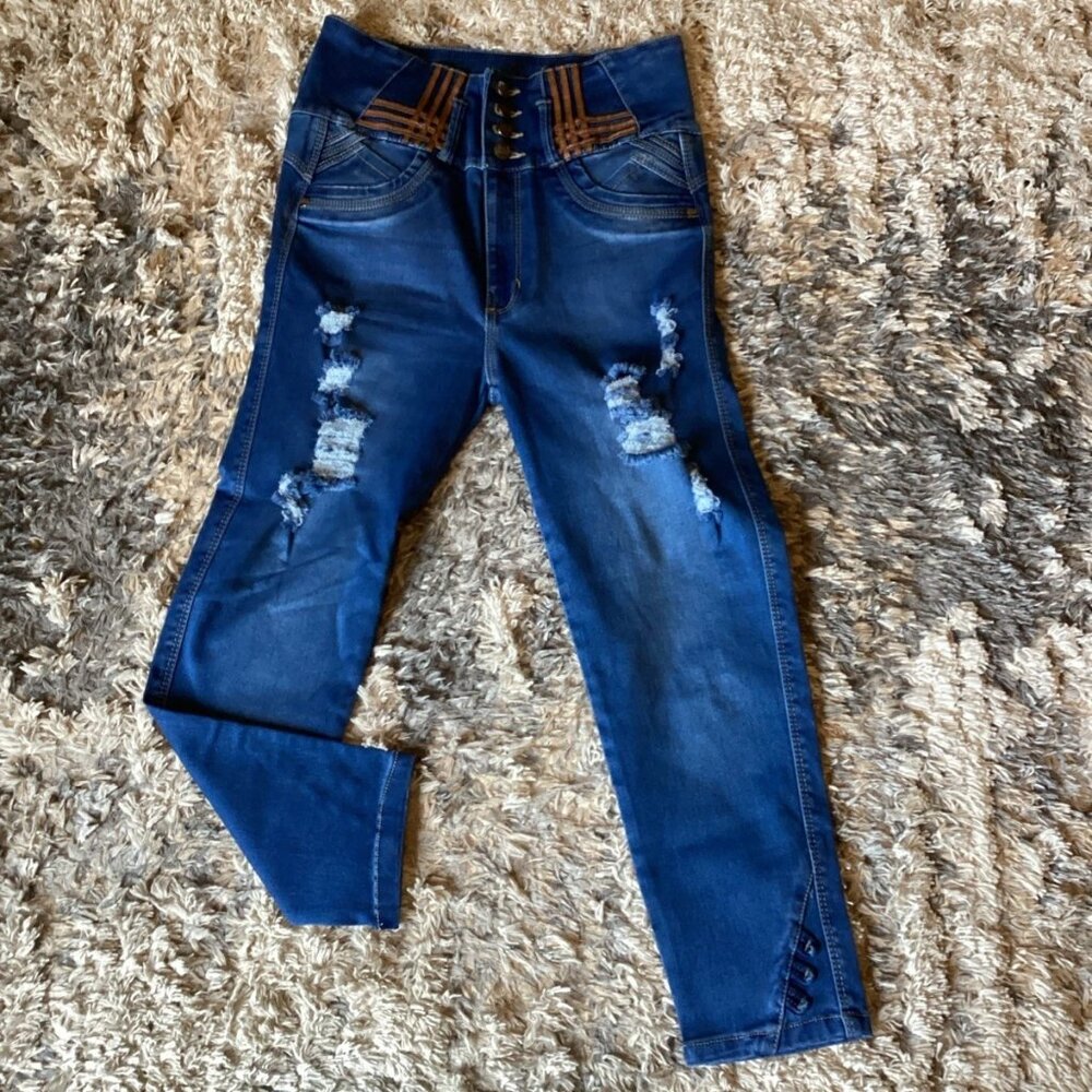 BON BON UP High Waist Capri Jeans Stretch Blue Distressed Women’s 26